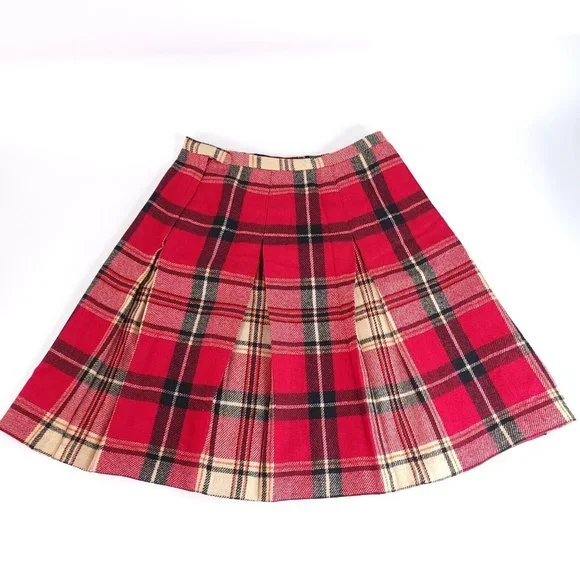 VTG Garland Skirt Womens 26 x 22 Plaid 100% Wool Red Black Tan Tartan Pleated - Picture 7 of 10